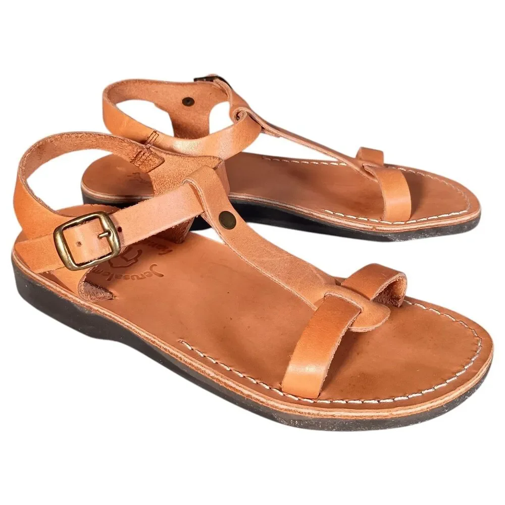 Jerusalem Sandals Women's 6.5 Brown Leather T-Strap Flat Handmade 37